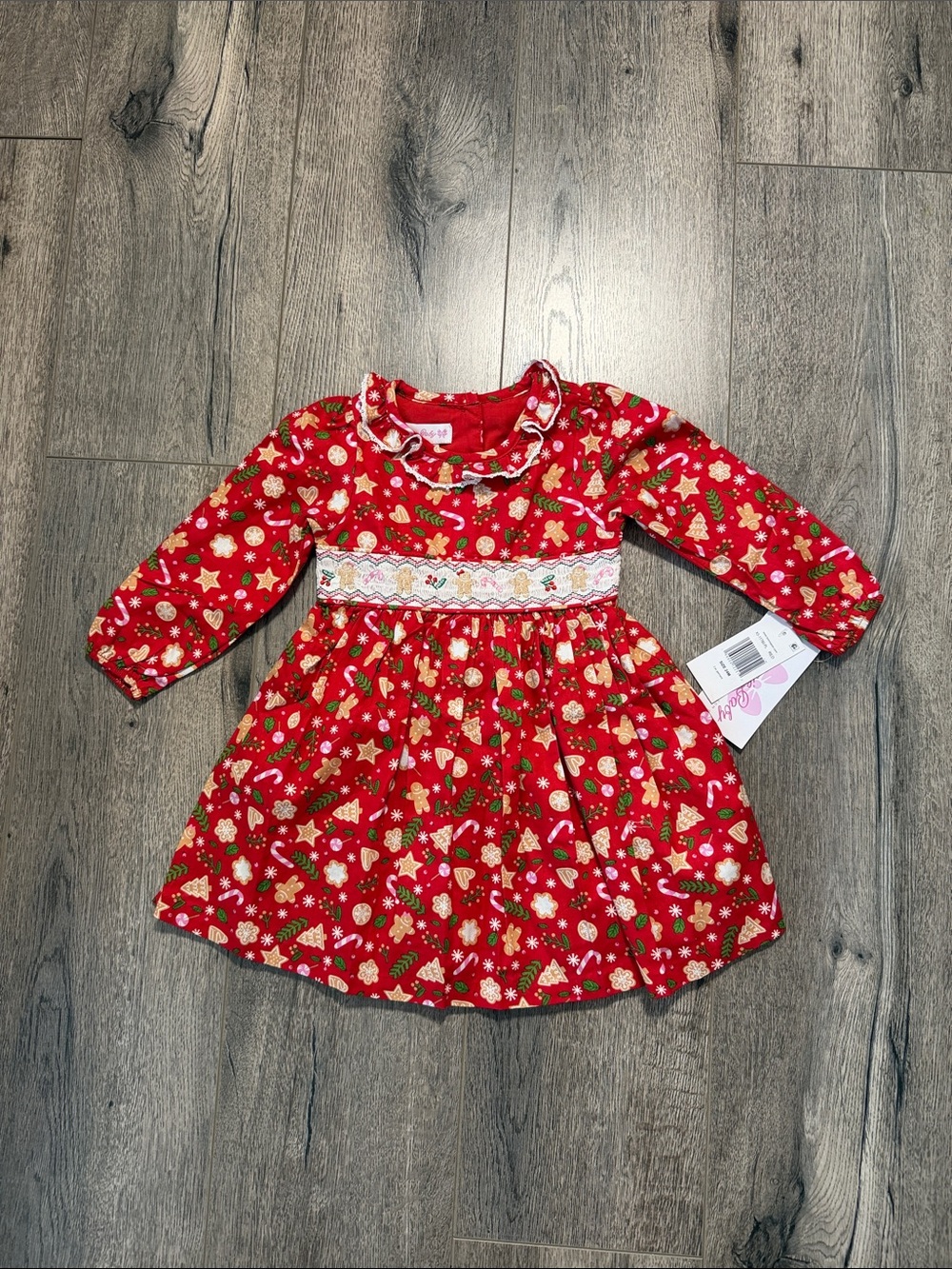 Bonnie Baby Red Holiday Smocked Long-Sleeve Dress with Festive Print